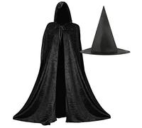 Adults Witch Costume Set Black Velour Cape and Witch Hat Halloween | black velour cape, attached hood, pointed witch hat, one size, halloween witch fancy dress set