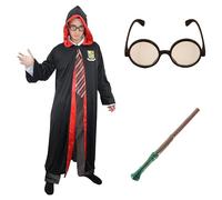 Adults Wizard Costume - Black Robe with Magical School Logo, Round Glasses, Branch Wand - Adults World Book Day Book W ancy Dress Costume