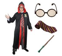 Adults Wizard Costume - Medium - Black Robe with Magical School Logo, Striped Tie, Round Glasses, Branch Wand - Adults World Book Day Book Week Fancy Dress Costume