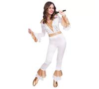 Adult's Women's Disco Queen White Gold Jumpsuit 70's 80's Fancy Dress Costume