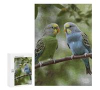Adults Wooden Puzzles for Home Decor, Unique Shaped Blue and Green Parakeets Puzzle with Exquisite Box, Personalized Wooden Jigsaw 300 PCS for Family Game Gift, Travel, Art Decor