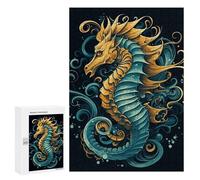 Adults Wooden Puzzles for Home Decor, Unique Shaped Seahorse Blue Pattern Puzzle with Exquisite Box, Personalized Wooden Jigsaw 300 PCS for Family Game Gift, Travel, Art Decor