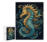 Adults Wooden Puzzles for Home Decor, Unique Shaped Seahorse Blue Pattern Puzzle with Exquisite Box, Personalized Wooden Jigsaw 500 PCS for Family Game Gift, Travel, Art Decor