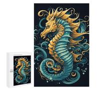 Adults Wooden Puzzles for Home Decor, Unique Shaped Seahorse Blue Pattern Puzzle with Exquisite Box, Personalized Wooden Jigsaw 1000 PCS for Family Game Gift, Travel, Art Decor