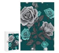 Adults Wooden Puzzles for Home Decor, Unique Shaped Teal Grey Rose Puzzle with Exquisite Box, Personalized Wooden Jigsaw 300 PCS for Family Game Gift, Travel, Art Decor