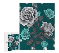 Adults Wooden Puzzles for Home Decor, Unique Shaped Teal Grey Rose Puzzle with Exquisite Box, Personalized Wooden Jigsaw 500 PCS for Family Game Gift, Travel, Art Decor