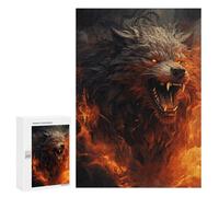 Adults Wooden Puzzles for Home Decor, Unique Shaped Wild Wolf in The Fire Puzzle with Exquisite Box, Personalized Wooden Jigsaw 300 PCS for Family Game Gift, Travel, Art Decor