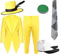 Adults Yellow Suit Costume - Yellow Suit Jacket and Trousers, Yellow Hat with Black Feather, Patterned Tie - Adults 80s Fancy Dress Costume