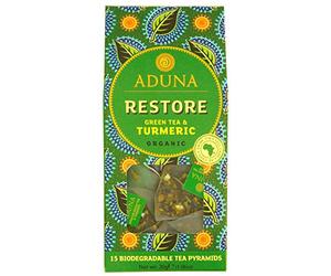 Aduna Organic Restore Green Super Tea | Natural Herbal Infusion With African Green Tea, Turmeric & Citrus | Superfood Tea for Digestive Health & Immunity | 15 Biodegradable Pyramid Bags x 1 Pack
