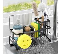 Adurei Kitchen Sink Caddy Sponge Holder for Kitchen Sink SUS304 Stainless Steel Rack with High Brush Holder Smiley Face Sponge Hook Towel Holder and Divider Gadgets Organizer for Counter, Black