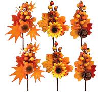 Adurself 6 Pack Fall Stems Artificial Berry Picks Fall Picks with Pine Cone Sunflowers Pumpkin Maple Leaves Branches Decorations for Harvest Autumn Thanksgiving Day Wreaths Indoor Outdoor Home Decor