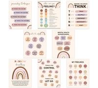 Adval9Vram Boho Calming Corner Chart - 8pcs Bohemia Rainbow Emotional Feelings Chart Poster, Wall Art Prints Children Preschool Education Supplies Mental Health Printed Posters for Classroom School