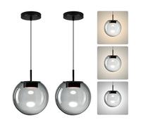 Advanced 3CCT Smoke Glass Pendant Light, Built-in LED Panel for Ultra-Even, Glare-Free Lighting, Modern Design and Stylist Fixture for Kitchen Island, Dining Table and Bedside (20cm, 2-Pack)