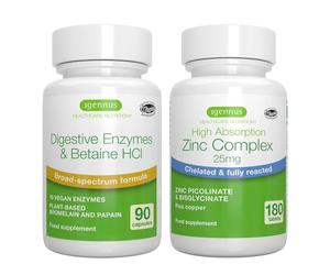 Advanced Digestive Enzymes & Betaine HCl + Zinc Complex 25mg Vegan Bundle, Digestive Aid with Chelated Zinc Picolinate & Bisglycinate, by Igennus