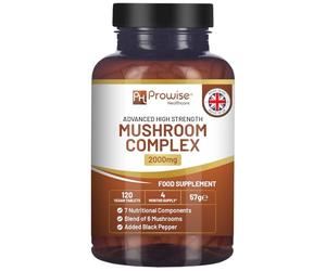 Advanced Mushroom Complex 2000mg | A Super Blend of 6 Mushrooms with Lion's Mane, Chaga, Cordyceps, Shiitake, Reishi and Maitake with Black Pepper | 120 Vegan High Strength Tablets UK Made by Prowise