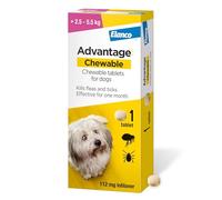 Advantage Chewable 112mg Chewable Tablets for Dogs >2.5-5.5kg (1 pack), Flea and Tick Treatment, Fast Acting Kills Fleas Within Hours, Prevention Lasts For A Month, Easy To Administer
