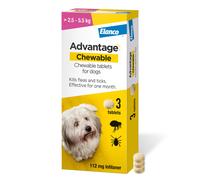 Advantage Chewable 112mg Chewable Tablets for Dogs >2.5-5.5kg (3 pack), Flea and Tick Treatment, Fast Acting Kills Fleas Within Hours, Prevention Las