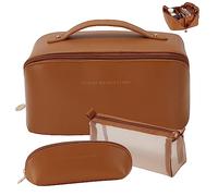 Advantage Travel Makeup Cosmetic Bag, 3 Sets Large Capacity Cosmetics for Women Waterproof PU Leather Cosmetic Bag Wide Opening Flat Makeup Tool Pouch with Compartment, Brown, Medium, Cosmetic Bags