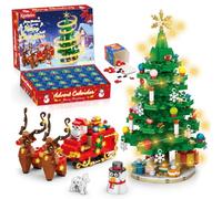 Advent Calendar 2026 Christmas Tree Building Blocks Compatible with Lego, with LED Light, Sleigh, 24 Day Countdown Advent Calendar Xmas Tree Building Set, Christmas Toy Gifts for Kids Girls Boys 6-12