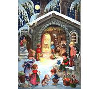 Advent Calendar 24 Doors 297 x 210 mm - Snow Scence Children in Village - with Glitter and Translucent Windows - RS24 - Traditional Antique German Design