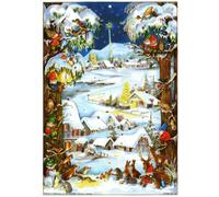 Advent Calendar 24 Doors 297 x 210 mm - Snowscene Trees Village in The Snow - with Glitter and Translucent Windows - RS66 - Traditional Antique German Design