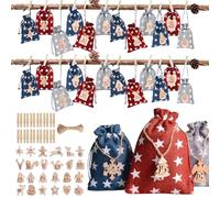 Advent Calendar Bags 1 Set 24 Days Star Pattern Empty Advent Calendar To Fill with Wooden Number, Rope & Clips Drawstring Closure 3 Color for Mantel, Xmas Tree, Xmas Decor