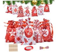 Advent Calendar Bags to Fill Yourself, 1 Set Advent Calendar Bags 24 Days Numbered Empty To Fill with Rope & Clips Drawstring Closure Christmas Countdown, Style 2