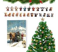 Advent Calendar Count Off Highland Cow | Christmas 24 Days Cow Ornament Countdown Calendar | 2D Acrylic Animal Charm for Kids Adults Party Gift | Tree Car Interior View Mirror Season Decoration