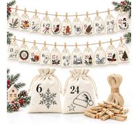 Advent Calendar for Filling, 24 Fabric Bags in 2 Sizes, Christmas Calendar | 24 fabric bags in 2 sizes: 2 x 20 x 25 cm and 22 x 17 x 23 cm, with 24 wooden clips and 10 m cord for filling