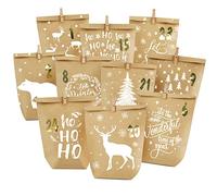 Advent Calendar for Filling, Printed Gift Bags to Fill Yourself, 24 Large Christmas Calendar Paper Bags with Numbers Stickers and Clips, DIY Calendar for Children Young Girls Women Men