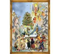Large Advent Calendar 24 doors 355 x 260 mm - Victorian Snowscene Stairway to Heaven - with glitter and translucent windows - RS 70109 - traditional antique German Design