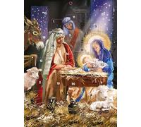 Advent Calendar with Christmas Coundown - 24 Door - Large Rectangular (13.5" x 9.5") Gift Card with Envelope by Ling Design (Religious Around the Manger)