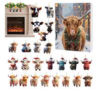 Advent Holiday Countdown Calendar - Highland Cow Ornament Set, Festive Acrylic Charm, Cute Animal Figure | Seasonal Decoration For Window Tree Door Arb