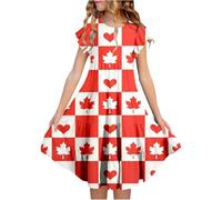 Advent Youth Floral Dress for Girls Canada Day Cute Red White Maple Leaf Print Tiered A-Line with Fluttering Sleeves and Pockets, Comfortable Party Dress for Black Girls 152, red, 6-7 Years
