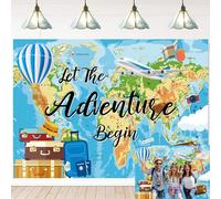 Adventure Awaits Backdrop Travel Themed World Map Photography Background Let The Adventure Begin Bon Voyage Baby Shower Birthday Party Decorations Banner (8x6FT: 96x72 inch)