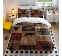 Adventure Awaits Bedding Set, Rustic Woodland Deer and Bear Print Quilt Cover, Cabin Lodge Style Bedding King Double Single, 3 Piece Buffalo Plaid Duvet Cover Set (Print 5,King + 50x75cm x2)