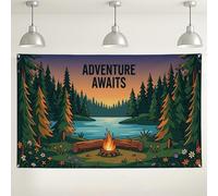 Adventure Awaits Camping Backdrop, Forest Landscape Retro Party Decorations, Nature Scene Indoor/Outdoor Photography Background for Camping Theme Events 71x43 Inch