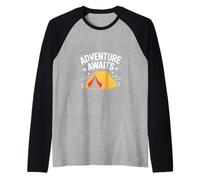 Adventure Awaits Camping Hiking Tent Outdoor Raglan Baseball Tee