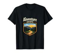 Adventure Awaits Camping Mountain Badge Sunrise Art T-Shirt
