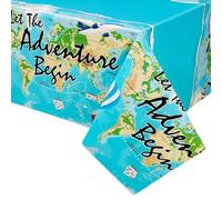 Adventure Awaits Disposable Tablecloth - 1 pack 54*108 inches Travel Themed Party Supplies Plastic Table Cover for Rectangle Table, Bon Voyage Party Decorations for Retirement Graduation Baby Shower