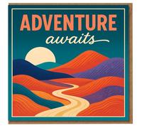 Adventure Awaits Greeting Card - Inspirational Congratulations Card for Graduation, New Job, Leaving or Bon Voyage - Colourful Landscape Design - Blank Inside