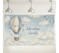 Adventure Awaits Hot Air Air-Float Balls Backdrop, Skyline Blue Cloud Decorative Party Background, Indoor/Outdoor Photography Supplies for Baby Shower, Birthday Celebration 71x43 Inch
