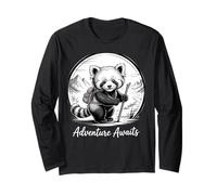 Adventure Awaits Red Panda Hiking Monochrome Art Long Sleeve T-Shirt