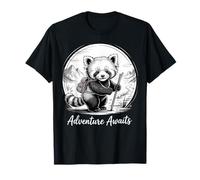 Adventure Awaits Red Panda Hiking Monochrome Art T-Shirt