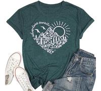 Adventure Awaits T-Shirt Women Outdoor Graphic Tee Shirt Nature Hiking Camping Tee Shirts Travel Shirt, Green, S