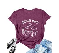 Adventure Awaits Tshirt Women Hiking Mountain Outdoors Shirts Wanderlust Explore More Camping Athletic Tee Tops, Purple, M