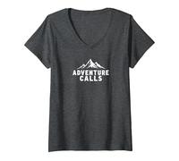 Adventure Calls Mountain Peaks Outdoor Explorer V-Neck T-Shirt, Women, Dark Heather Grey, L