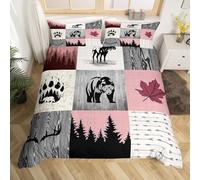 Adventure Duvet Cover Set Double Size, Bear Deer Pink Grid Patchwork Comforter Cover with 2 Pillowcases, Wild Animals Cabin Bedding Set 3pcs for Kids Boys Girls Rustic Farmhouse Bedspread Cover