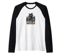 Adventure is Out There - Cute Black Cat Hiking and Camping Raglan Baseball Tee