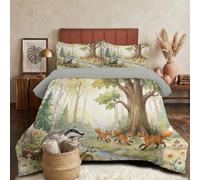 Adventure Theme Coverless Duvet Single, Washable Coverless Quilt Comforter with Matching Pillowcase and Reversible Design Super Soft Warm Comfy Fox Badger Fox Badger Forest Camping Blanket, 140x200cm